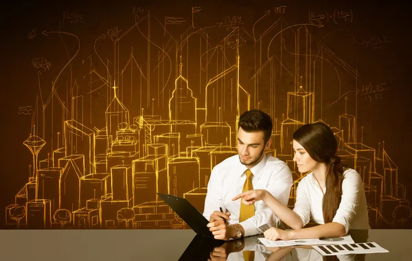 Business couple with buildings and numbers — Stock Photo, Image