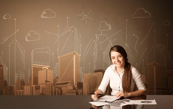 Businesswoman with buildings and measurements — Stock Photo, Image