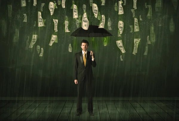 Businessman standing with umbrella in dollar bill rain concept — Stock Photo, Image