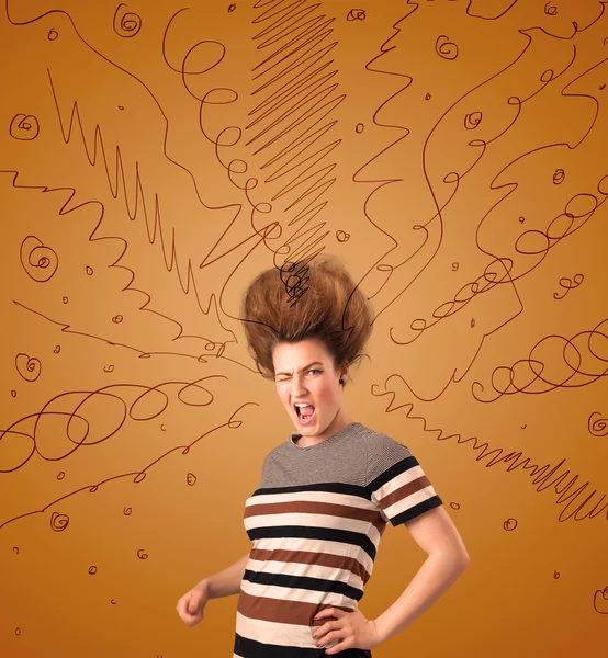 Jovem excitada com cabelos extremos e linhas desenhadas à mão — Fotografia de Stock