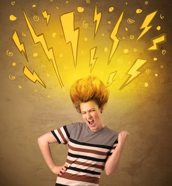 Young woman with hair style and hand drawn lightnings — Stock Photo, Image