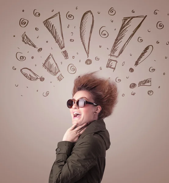 Young woman with hair style and hand drawn exclamation signs — Stock Photo, Image