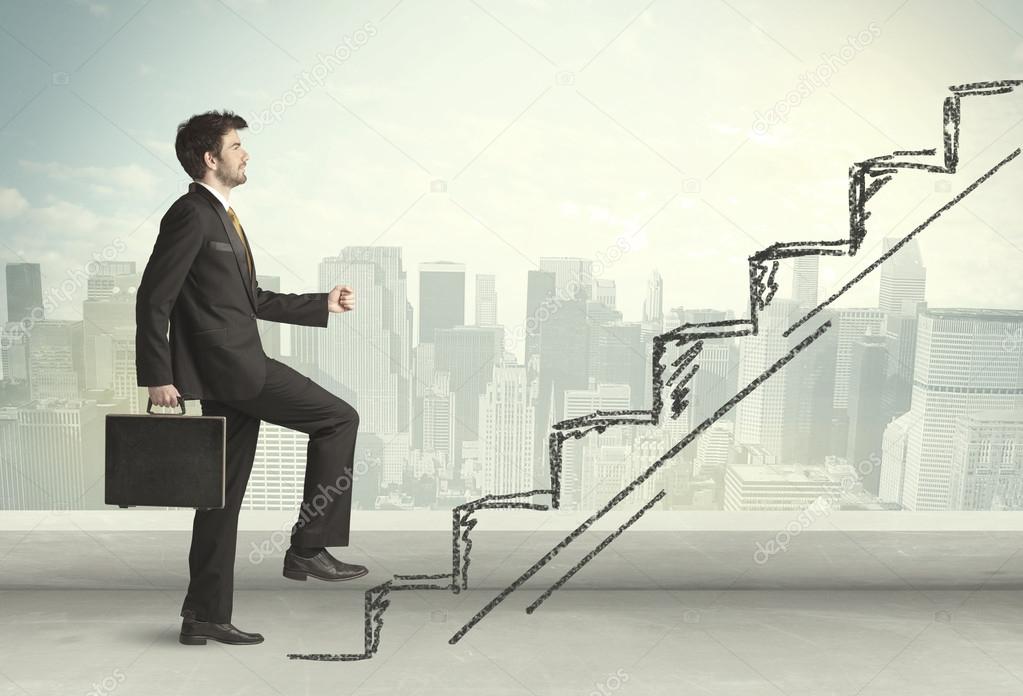 Business man climbing up on hand drawn staircase concept