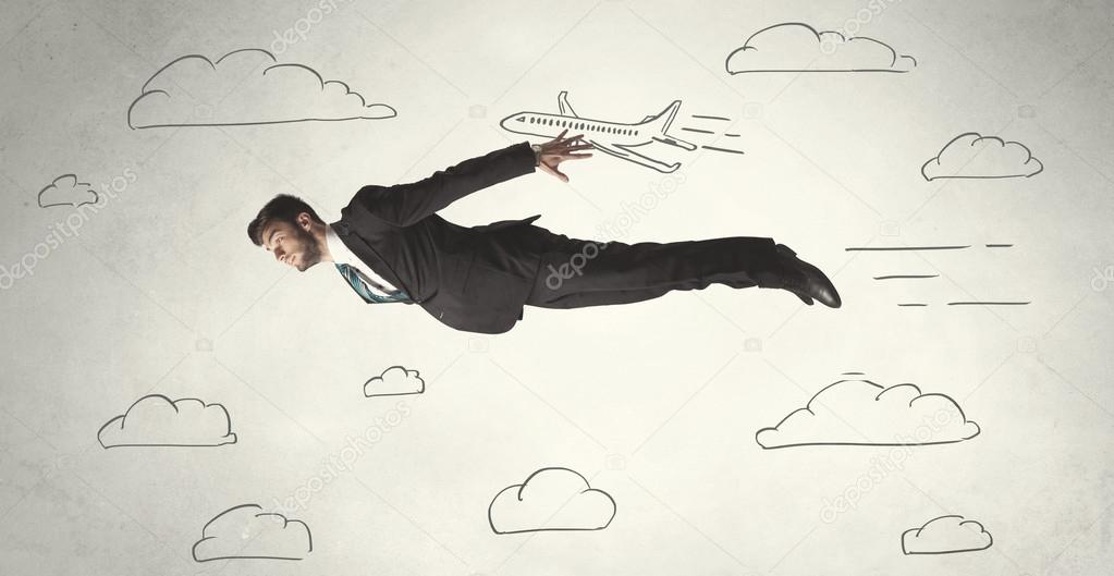 Cheerful business person flying between hand drawn sky clouds