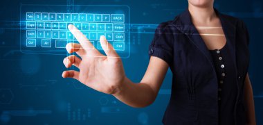 Girl pressing virtual type of keyboard clipart
