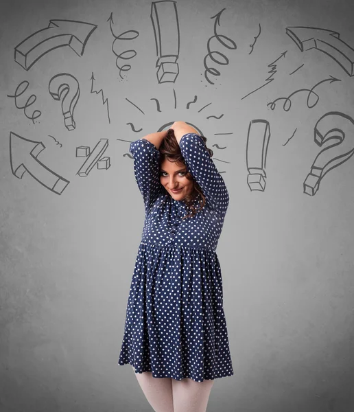 Carino giovane ragazza con domanda segno scarabocchi — Foto Stock