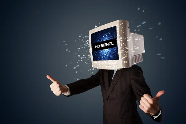 Man with a monitor head, no signal sign on the display — Stock Photo, Image