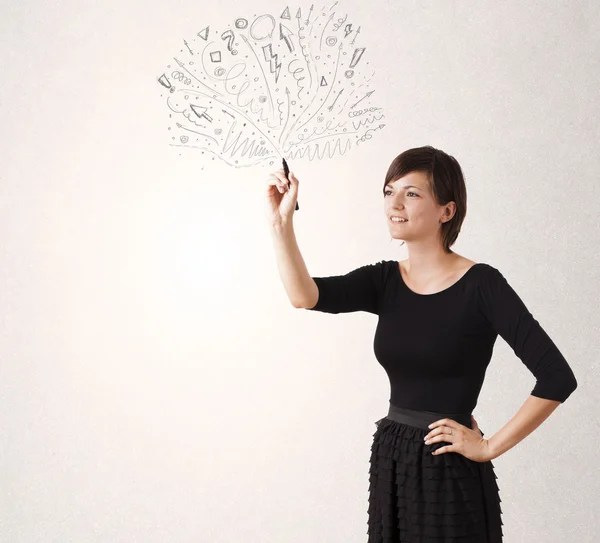 Young girl drawing and skteching abstract lines — Stock Photo, Image