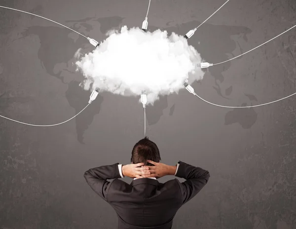 Young man looking at cloud transfer world service — Stock Photo, Image