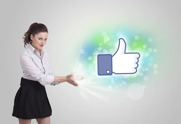 Young girl with like social media illustration — Stock Photo, Image