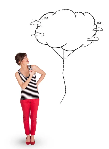 Junge Dame mit Wolkenballon-Zeichnung — Stockfoto