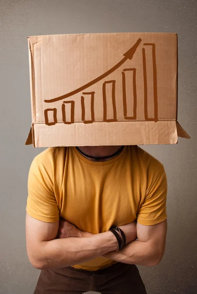 Young man gesturing with a cardboard box on his head with diagra — Stock Photo, Image