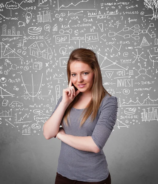 Young pretty lady with hand drawn calculations and icons Stock Image