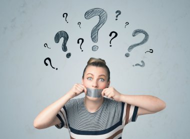 Young woman with glued mouth and question mark symbols clipart
