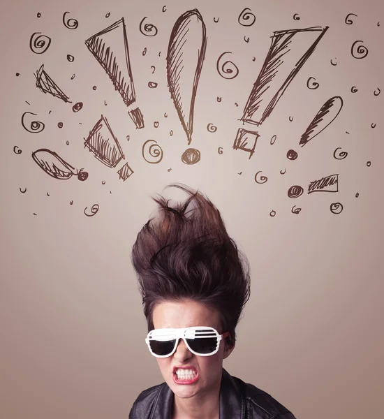 Young woman with hair style and hand drawn exclamation signs — Stock Photo, Image