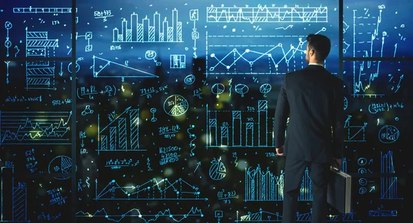 Dessin homme d'affaires avec des statistiques arrière-plan — Photo