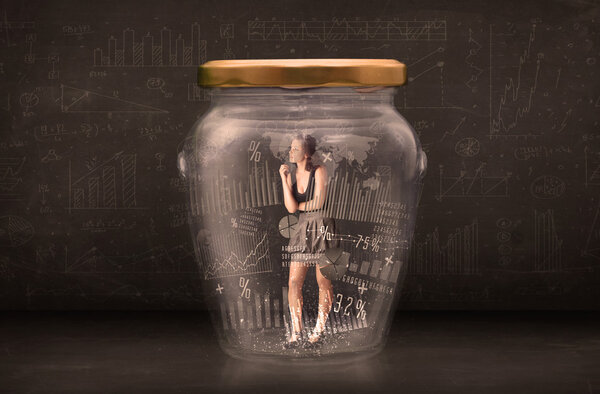 Businesswoman traped in jar with graph chart symbols concept