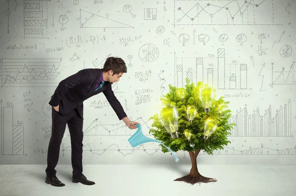 Business man pouring water on lightbulb growing tree — Stock Photo, Image