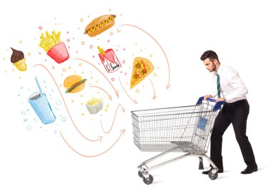 adam zehirli abur cubur ile alışveriş sepeti ile