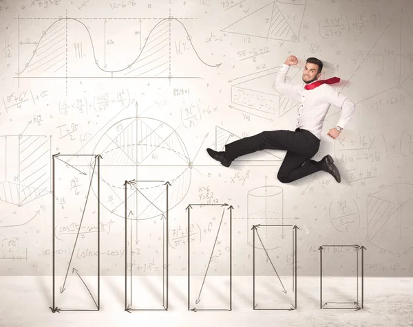 Fast business man jumping up on hand drawn charts — Stock Photo, Image