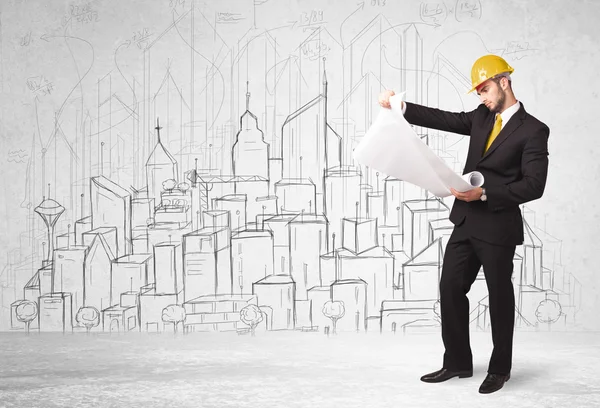 Construction worker with cityscape background — Stock Photo, Image