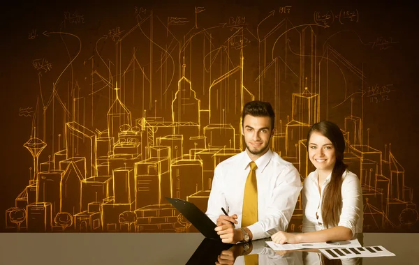 Business couple with buildings and numbers — Stock Photo, Image