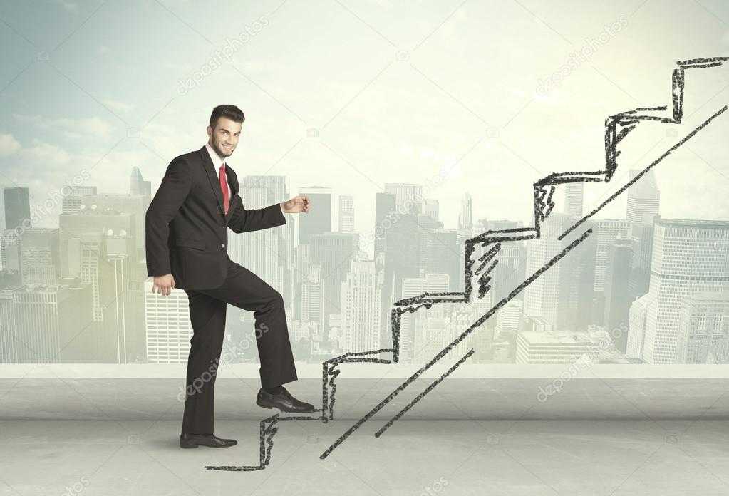 Business man climbing up on hand drawn staircase concept