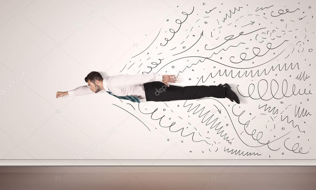 Business man flying with hand drawn lines comming out 