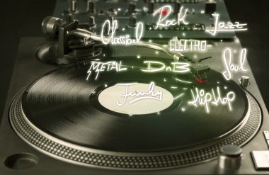 Vinil ve müzik türleri yazan turntable 