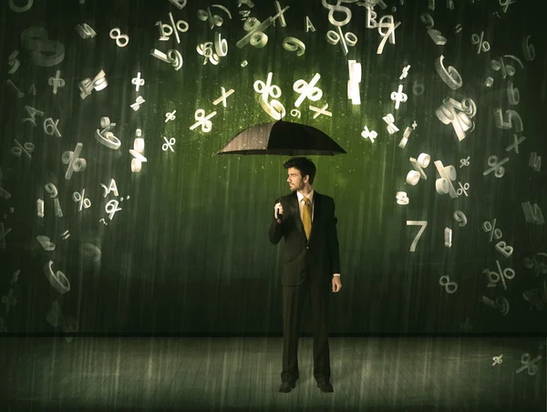 Businessman standing with umbrella and 3d numbers raining concep — Stock Photo, Image