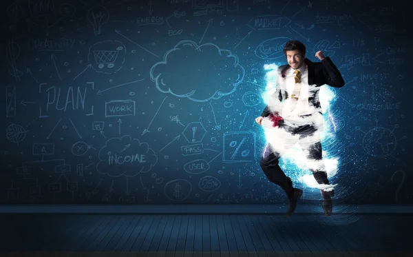 Homem de negócios feliz pulando com tempestade nuvem em torno dele — Fotografia de Stock
