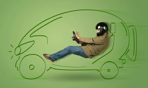 Man drives an eco friendy electric hand drawn car — Stock Photo, Image