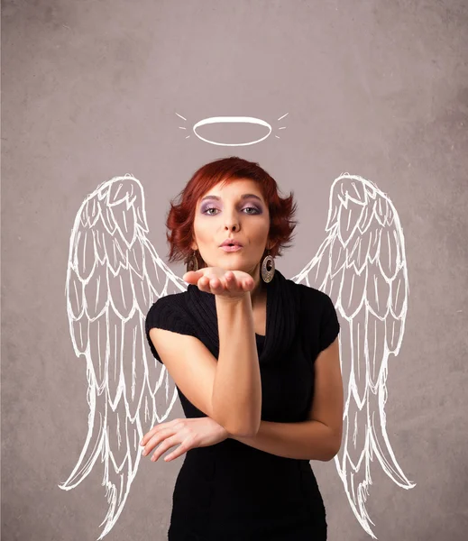 Cute girl with angel illustrated wings — Stock Photo, Image