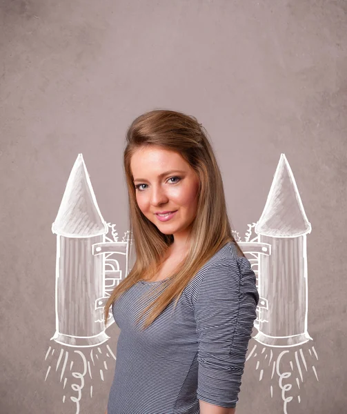 Симпатичная девушка с рисунком ракеты реактивного ранца — стоковое фото