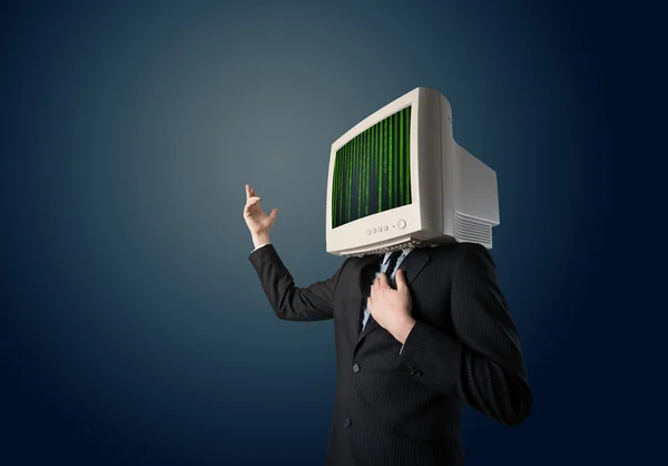 Cyber human with a monitor screen and computer code on the displ — Stock Photo, Image