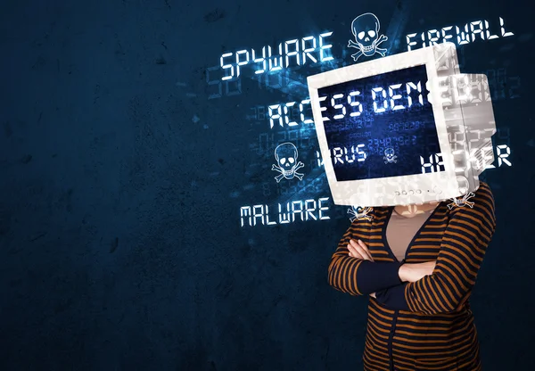 Monitor head person with hacker type of signs on the screen — Stock Photo, Image