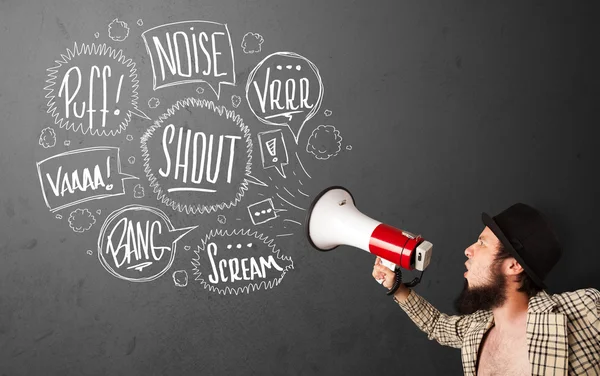 Guy in suit yelling into megaphone and hand drawn speech bubbles — Stock Photo, Image