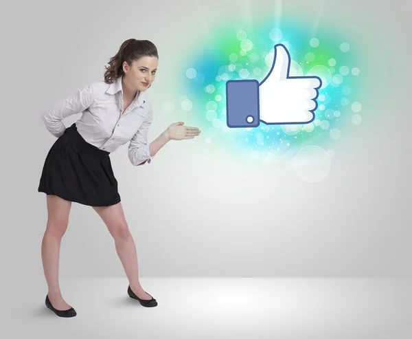 Young girl with like social media illustration — Stock Photo, Image