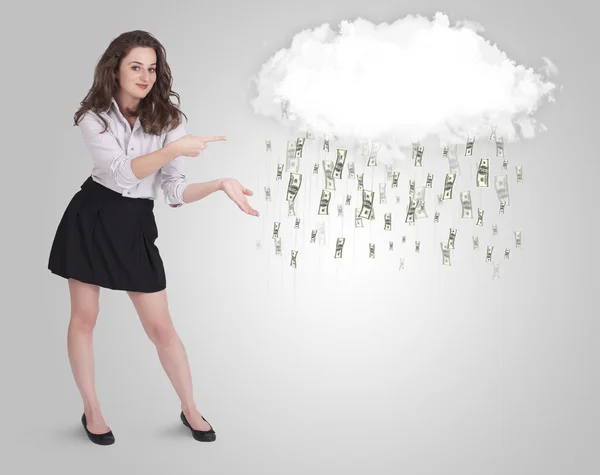 Woman with cloud and money rain concept — Stock Photo, Image