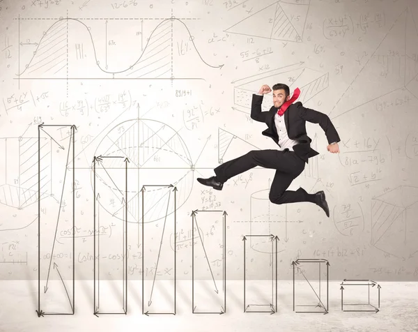 Fast business man jumping up on hand drawn charts — Stock Photo, Image