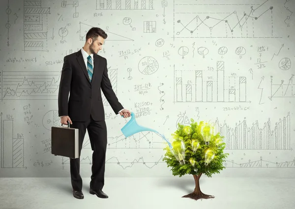 Business man pouring water on lightbulb growing tree — Stock Photo, Image