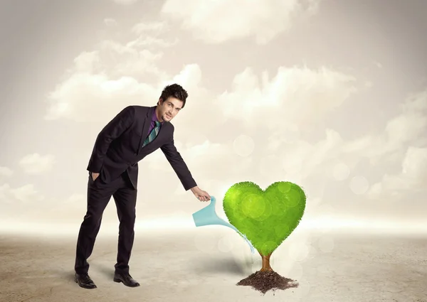 Бизнесмен поливает зеленое дерево в форме сердца — стоковое фото