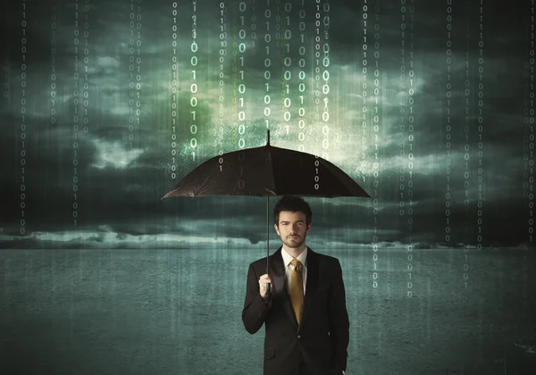 Business man standing with umbrella data protection concept — Stock Photo, Image