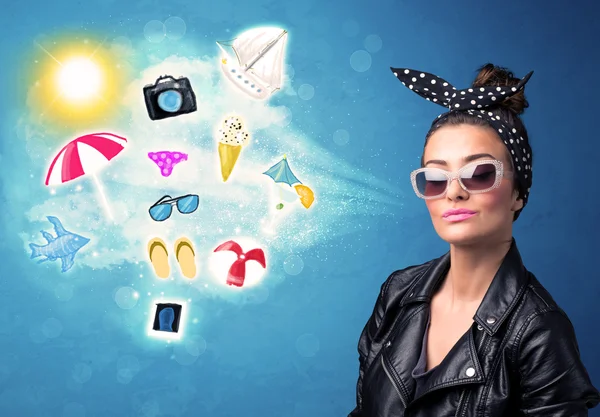 Happy joyful woman with sunglasses looking at summer icons — Stock Photo, Image