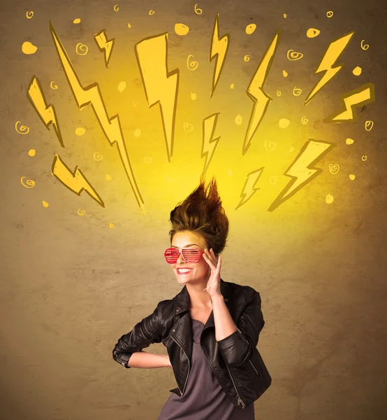 Young woman with hair style and hand drawn lightnings — Stock Photo, Image