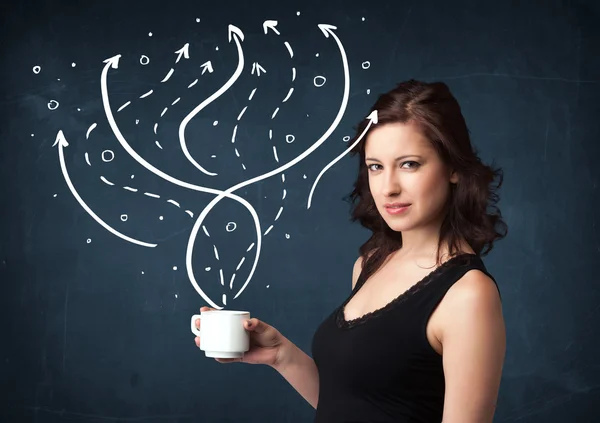 Businesswoman holding a white cup with lines and arrows — Stock Photo, Image