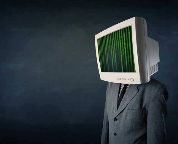 Cyber human with a monitor screen and computer code on the displ — Stock Photo, Image