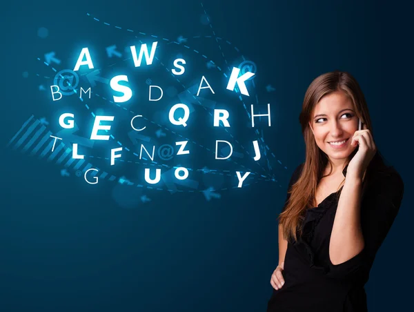 Young lady making phone call with shiny characters — Stock Photo, Image