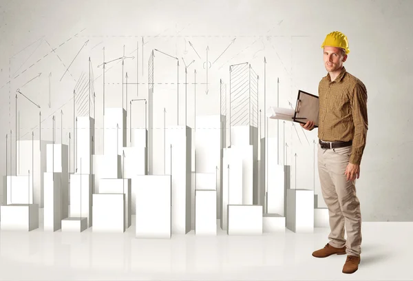 Construction worker planing with 3d buildings in background — Stock Photo, Image