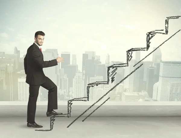 Homem de negócios subindo no conceito de escada desenhada à mão — Fotografia de Stock